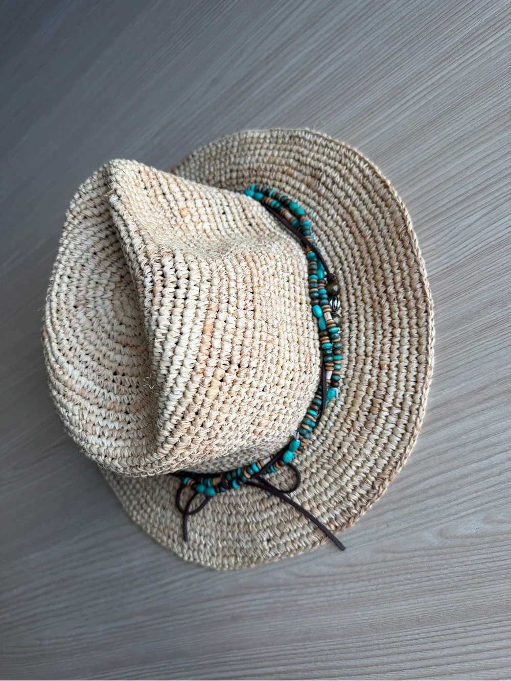 KOORINGAL 100% Raffia Sun Hat w/ Turquoise & Brown Bead 57 CM Bora Bora Safari